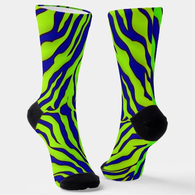 Navy Blue And Lime Tiger Stripes Animal Print 1 Socks (Angled)