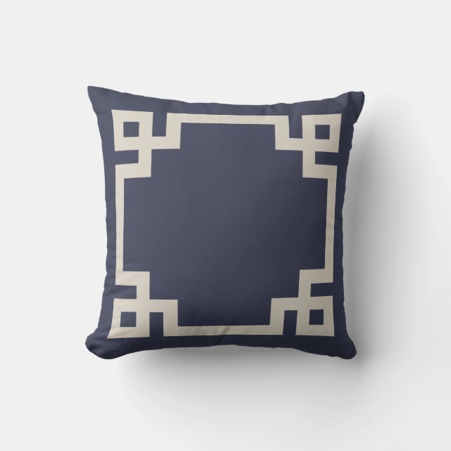 Navy Blue and Linen Beige Greek Key Border Cushion (Front)