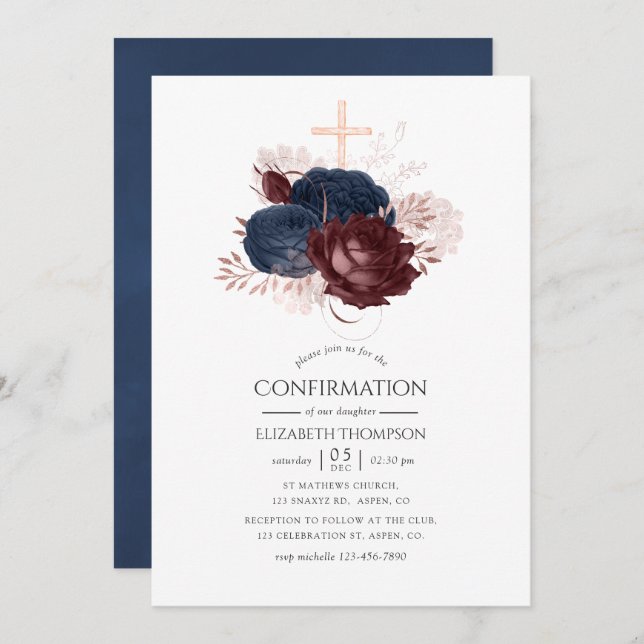Navy Blue and Maroon Floral Confirmation Invitation (Front/Back)