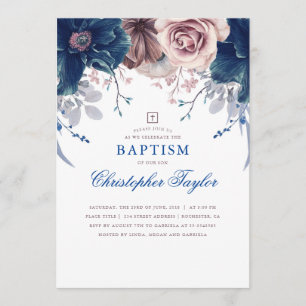 Navy Blue and Mauve Floral Elegant Baptism Invitation