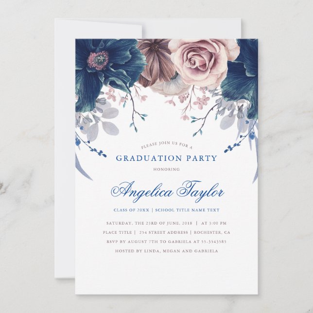 Navy Blue and Mauve Floral Graduation Party Invitation (Front)