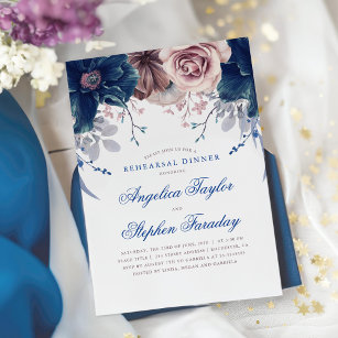 Navy Blue and Mauve Floral Rehearsal Dinner Invitation