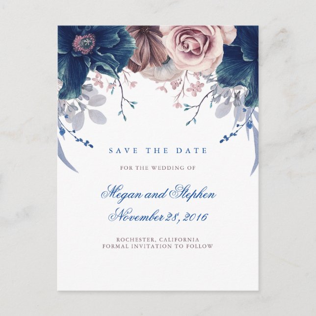 Navy Blue and Mauve Floral Save the Date Announcement Postcard (Front)