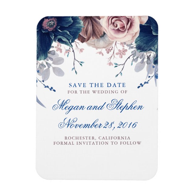 Navy Blue and Mauve Floral Save the Date Magnet (Vertical)