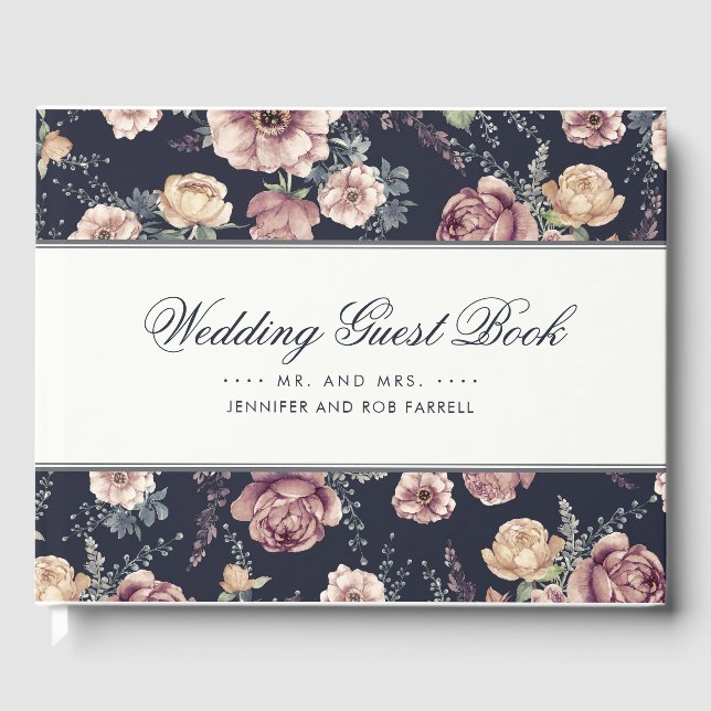 Navy Blue and Mauve Floral Vintage Wedding Guest Book (Front)