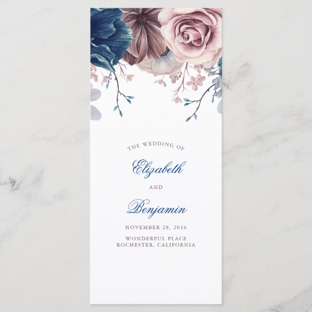Navy Blue and Mauve Floral Wedding Programs (Front)