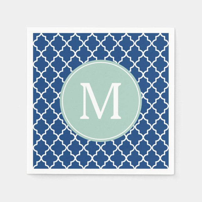 Navy Blue and Mint Green Quatrefoil Monogram Napkin (Front)