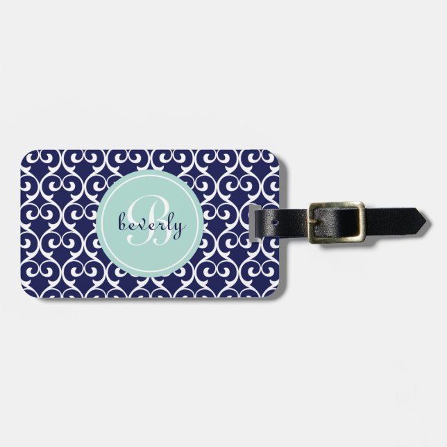 Navy Blue and Mint Heartlocked Print Luggage Tag (Front Horizontal)