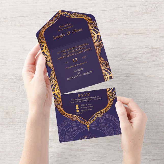 Navy Blue and or Violet with Gold Mandalas All In One Invitation (Tearaway)