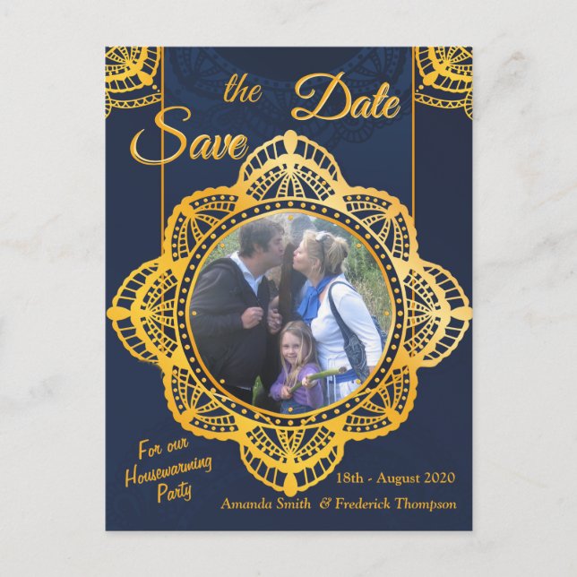 Navy Blue and or Violet with Gold Mandalas Announcement Postcard (Front)
