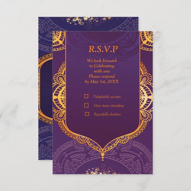 Navy Blue and or Violet with Gold Mandalas RSVP Card (Front/Back)