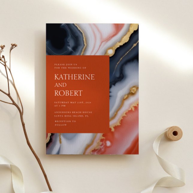 Navy Blue And Orange Agate Modern Wedding Invitation (Creator Uploaded)
