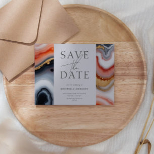 Navy Blue And Orange Agate Save the Date Invitation