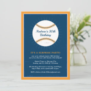 Navy Blue and Orange Baseball 30th Birthday Party Invitation