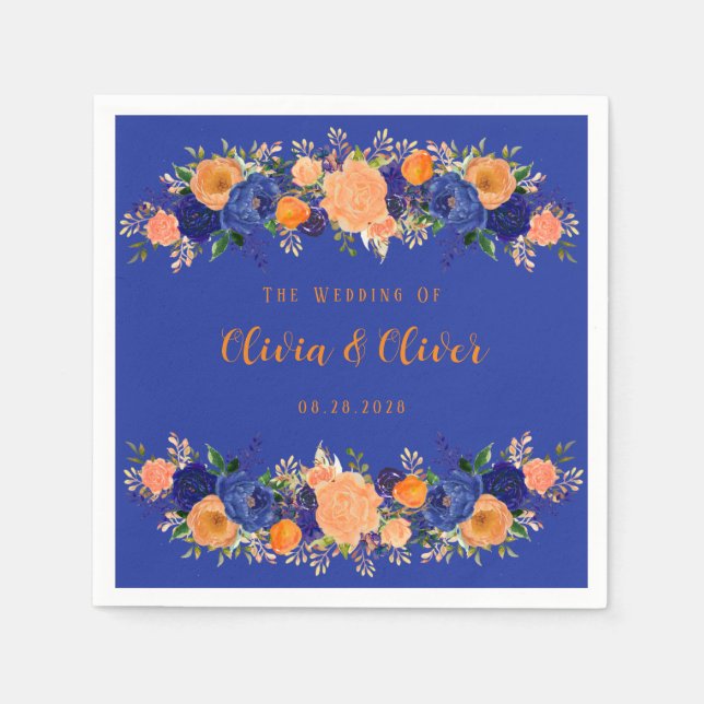 Navy Blue and Orange Botanical Floral Wedding Napkin (Front)