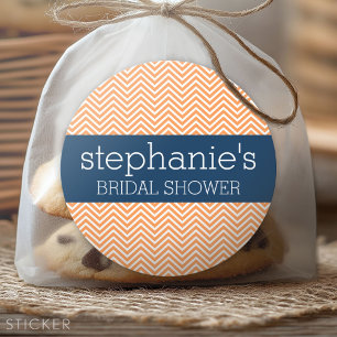Navy Blue and Orange Chevron Pattern Bridal Shower Classic Round Sticker