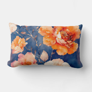 Navy Blue and Orange Floral Lumbar Cushion