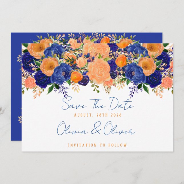 Navy Blue and Orange Floral Save The Date Invitation (Front/Back)