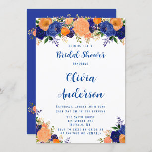 Navy Blue and Orange Florals Bridal Shower Invitation