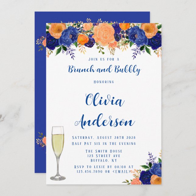 Navy Blue and Orange Florals Brunch and Bubbly Invitation (Front/Back)