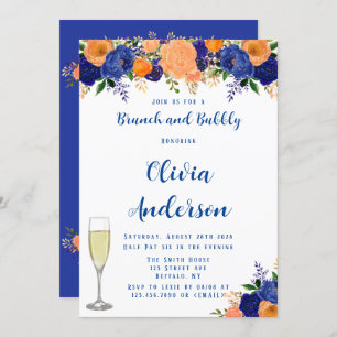 Navy Blue and Orange Florals Brunch and Bubbly Invitation