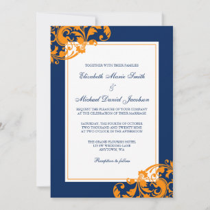Navy Blue and Orange Flourish Swirls Wedding Invitation