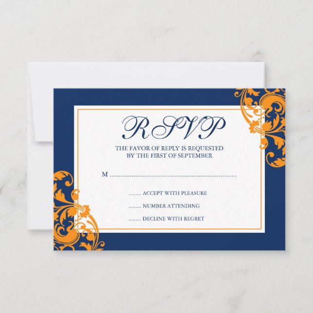 Navy Blue and Orange Flourish Swirls Wedding RSVP Card (Front)