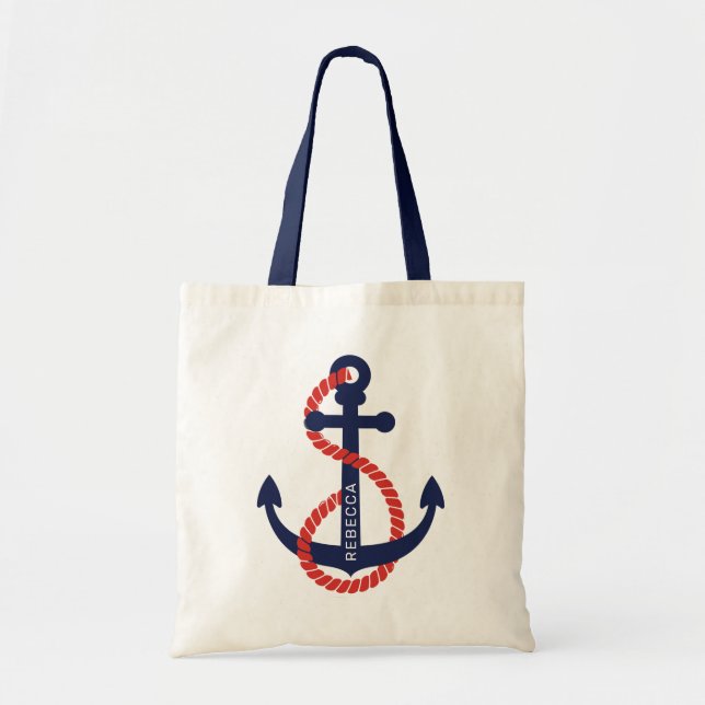 Navy-blue and orange nautical boat anchor tote bag (Front)