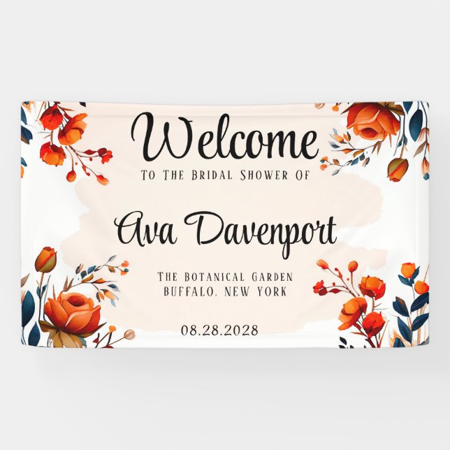 Navy Blue and Orange Peony Bridal Shower  Banner (Horizontal)