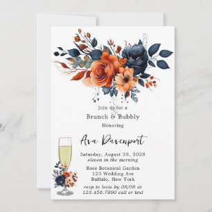 Navy Blue and Orange Peony Brunch & Bubbly Invitation