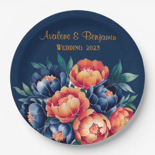 Navy Blue and Orange Peony Flower Wedding Paper Plate