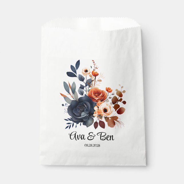 Navy Blue and Orange Peony Wedding Favour Bag (Front)