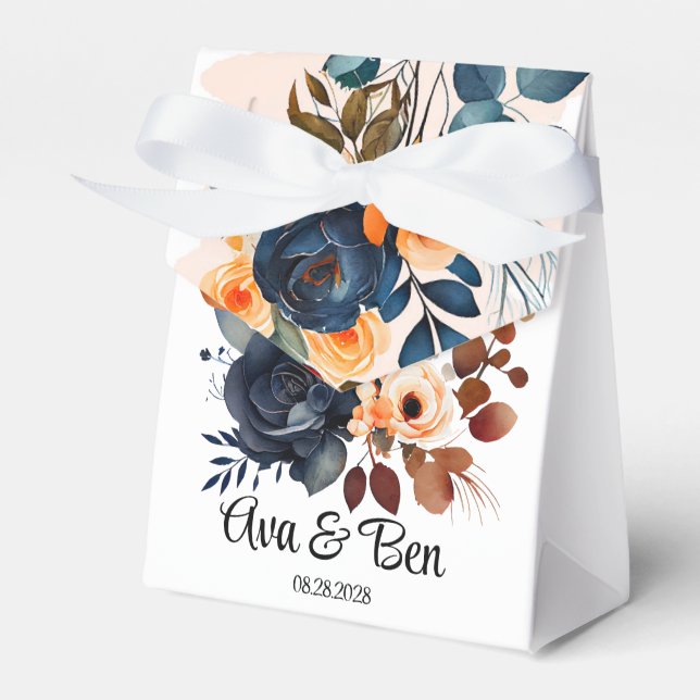 Navy Blue and Orange Peony Wedding Favour Box (Front Side)
