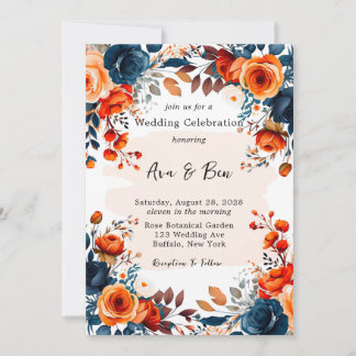 Navy Blue and Orange Peony Wedding Invitation