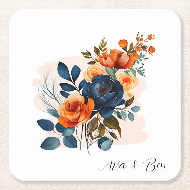 Navy Blue and Orange Peony Wedding Square Paper Coaster (Front)