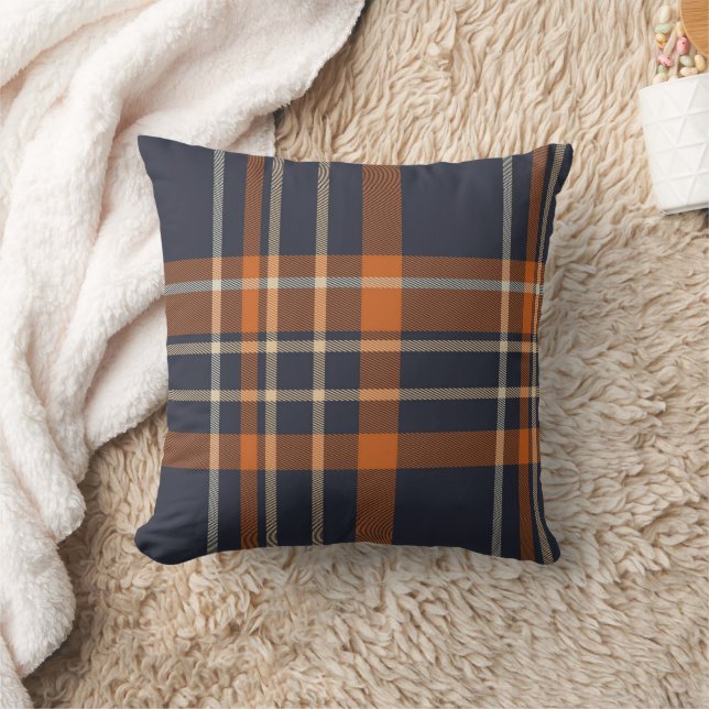 Navy Blue and Orange Plaid Cushion (Blanket)