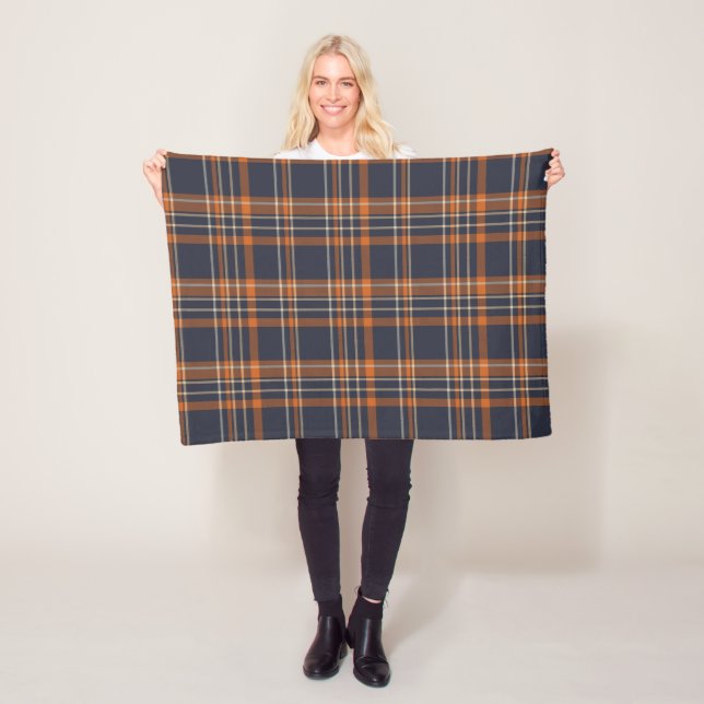 Navy Blue and Orange Plaid Fleece Blanket (In Situ)