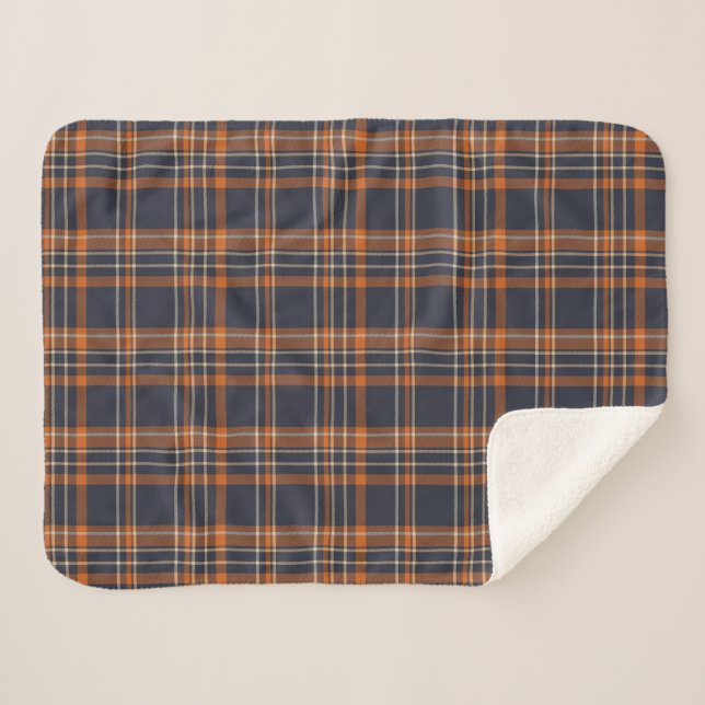 Navy Blue and Orange Plaid  Sherpa Blanket (Front (Horizontal))