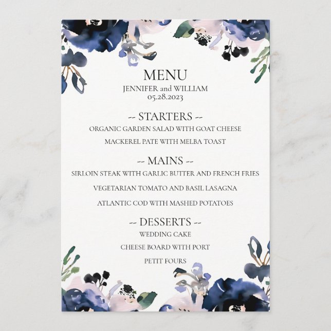 Navy Blue and Pale Pink Elegant Floral Wedding Menu (Front)