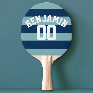 Navy Blue and Pastel Rugby Stripes Name Number Ping Pong Paddle