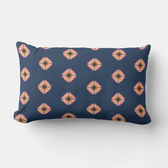 Navy Blue and Peach Boho Diamond Pattern Lumbar Cushion (Front)
