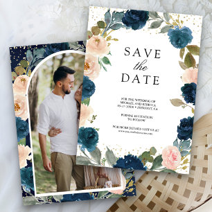 Navy Blue and Peach Floral Photo Wedding Save The Date