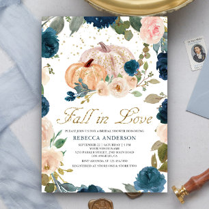 Navy Blue and Peach Floral Pumpkin Bridal Shower Invitation
