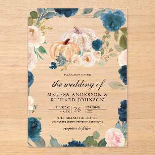 Navy Blue and Peach Floral Pumpkin Wedding Acrylic Invitations