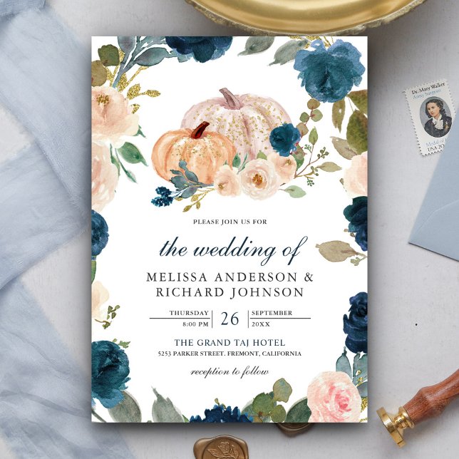 Navy Blue and Peach Floral Pumpkin Wedding Invitation (Creator Uploaded)