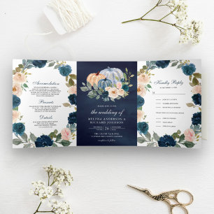 Navy Blue and Peach Floral Pumpkin Wedding Tri-Fold Invitation