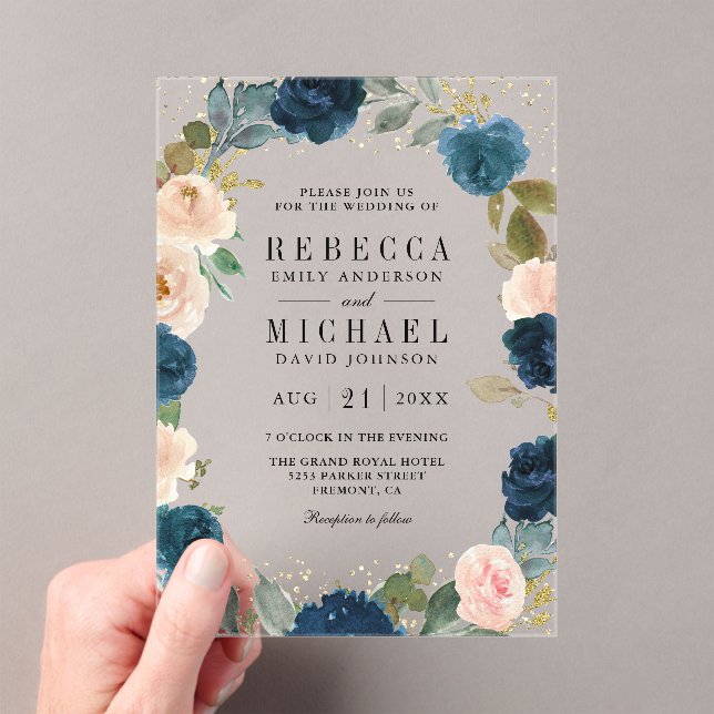 Navy Blue and Peach Floral Wedding Acrylic Invitations (Insitu (Handheld))