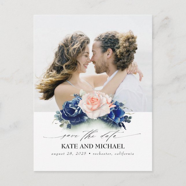 Navy Blue and Peach Flowers Save the Date Photo Announcement Postcard (Front)