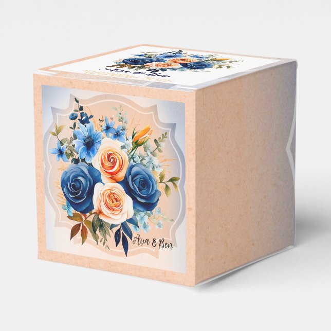 Navy Blue and Peach Painted Floral Wedding Favour Box (Front Side)