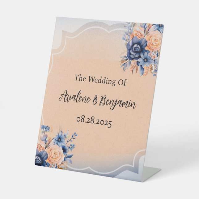 Navy Blue and Peach Painted Floral Wedding Pedestal Sign (Front)